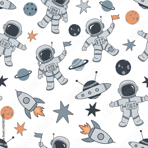 seamless pattern with space rocket, ufo, space, astronaut in white background