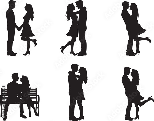 Couples embrace in romantic silhouette poses