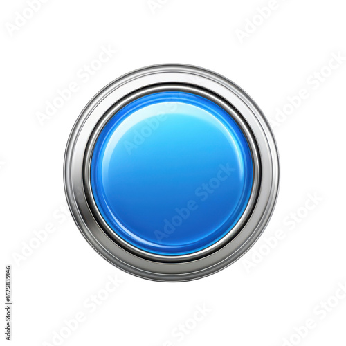 Shiny blue button with metallic silver frame, perfect for user interface design and interactive applications, call to action on transparent background