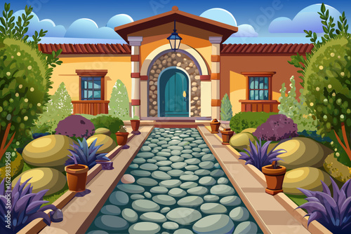vector of Decorative garden, walk around the house on pebbles and cobblestones to the entrance of the house.