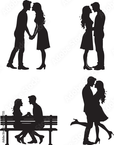 Romantic couples in silhouette share tender moments and embrace