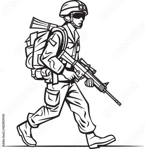 Black Vector Icon of Soldier Walking with Firearm Vector Black Logo of Soldier Walking Armed
