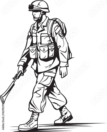 Vector Black Logo of Soldier Walking with Firearm Armed Soldier Walking Vector Black Design Logo