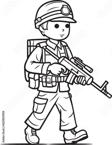 Black Vector Icon of Walking Soldier with Rifle Walking Soldier Silhouette Holding Weapon Vector Logo