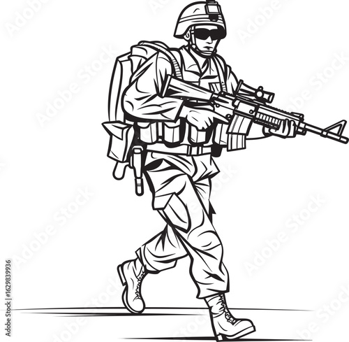 Vector Black Logo Icon of Armed Soldier Walking Soldier Walking with Gun Vector Black Icon Design