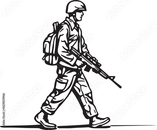 Walking Soldier with Firearm Vector Black Logo Icon Black Vector Logo of Soldier Carrying Weapon