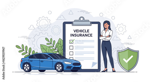 A conceptual illustration for vehicle insurance shows a confident woman next to a car, a large policy checklist, and a green shield symbolizing protection.