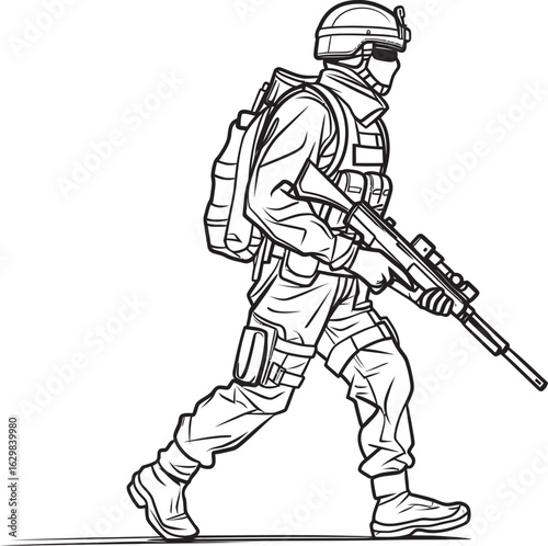 Armed Soldier Walking Forward Vector Black Logo Vector Black Icon of Soldier Walking with Weapon