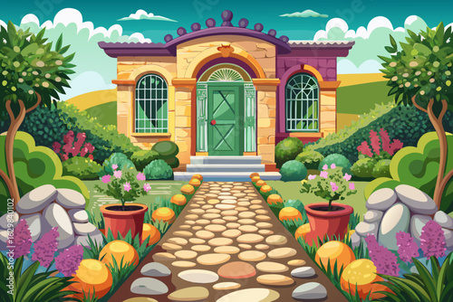 vector of Decorative garden, walk around the house on pebbles and cobblestones to the entrance of the house.