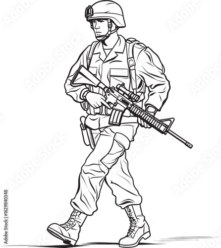 Black Silhouette Logo of Soldier Marching with Weapon Vector Icon of Soldier Walking with Rifle in Black