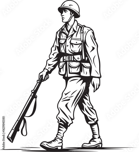 Black Vector Icon of Soldier Walking with Weapon Vector Black Logo of Armed Soldier Walking Forward