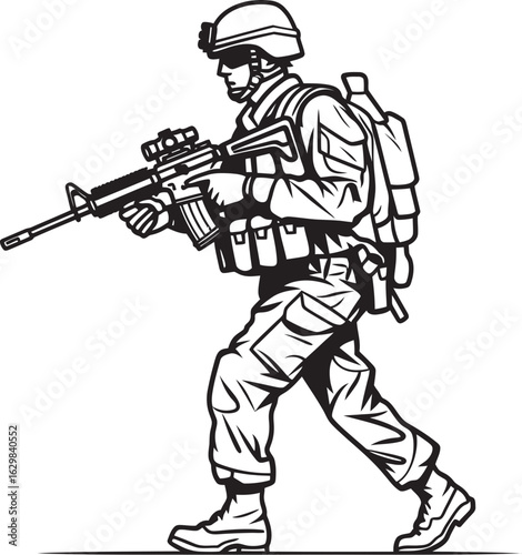 Walking Soldier Armed Vector Black Logo Icon Black Silhouette Logo of Soldier Marching Armed