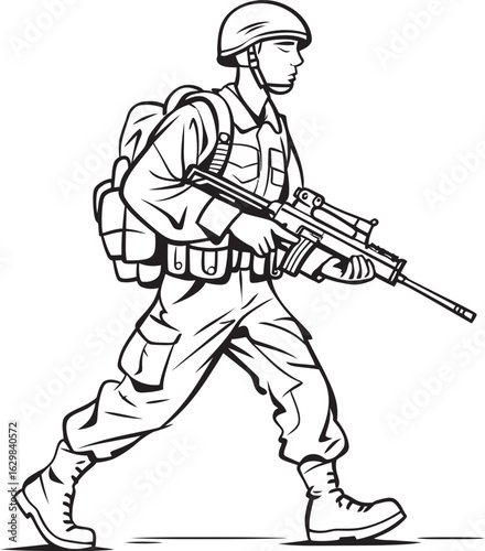 Black Silhouette Logo of Soldier Marching Armed Vector Icon of Soldier Walking with Gun in Black