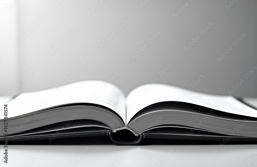 Fototapeta premium Open book with blank pages lying open on a white surface in a minimalistic setting