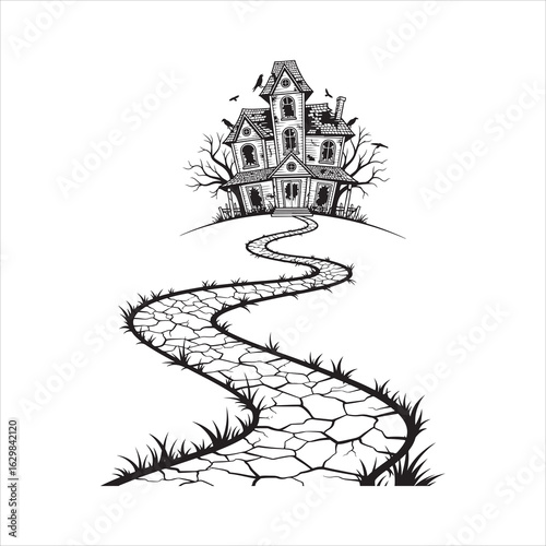 A Winding Cobblestone Path Leads to a Spooky Haunted House on a Hillside