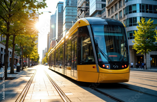 Modern yellow tram moving through a city street with tall buildings and green trees in the background