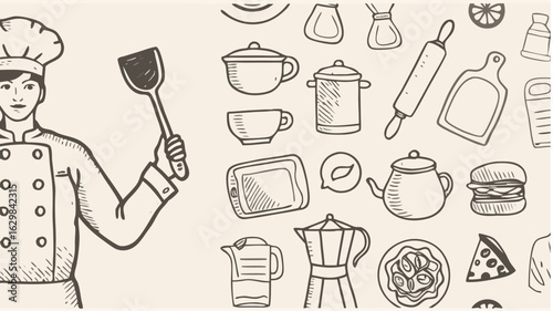 Chef holding spatula with kitchenware including pots mugs and pizza in doodle style background art silhouette