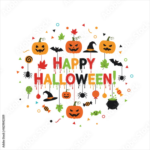 Festive Happy Halloween Celebration With Spooky Pumpkins Bats And Candy Elements