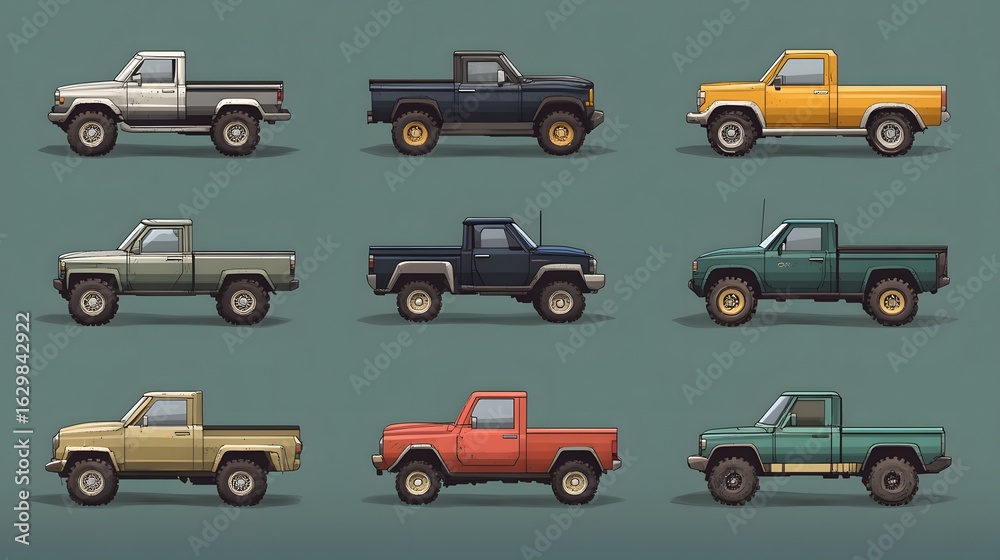 Naklejka premium Digital illustration of four vintage pickup trucks with rugged tires and boxy designs.