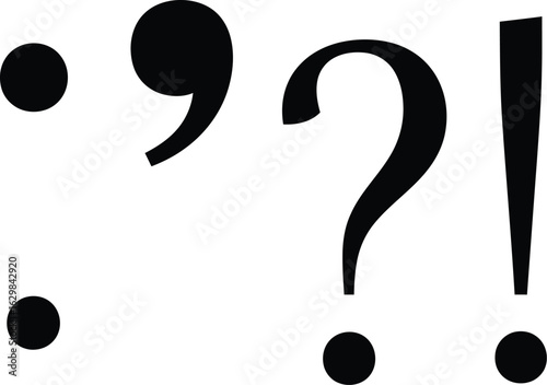 Black and White Silhouette Illustration of Five Punctuation Marks Arranged in Sequence — Colon, Comma, Question Mark, Exclamation Mark, and Period Depicted in Bold Minimalist Style Representing 