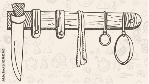 Illustration of a wooden rack with a knife towel and hanging rings on a light background sketch style silhouette