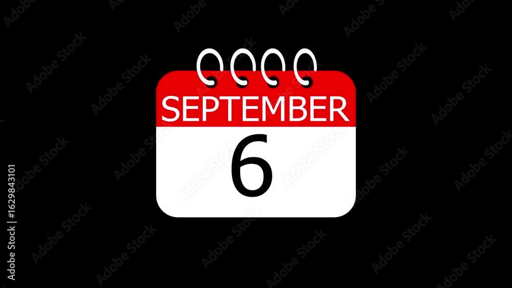 day date 6 September concept template calendar page animation concept. Calendar with the date September 6 on a black background. September 6 - Daily Calendar Icon in flat design style.