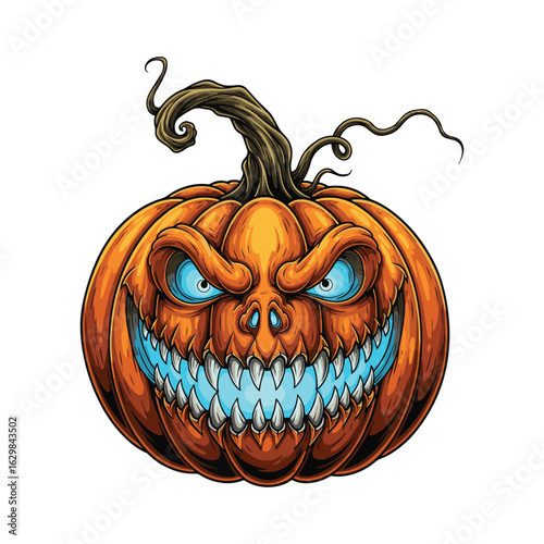 Spooky Scary Jack O Lantern Halloween Pumpkin Face With Glowing Blue Eyes and Sharp Teeth