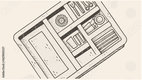 Hand drawn sketch of a divided tray organizer with various compartments and household objects visible inside silhouette