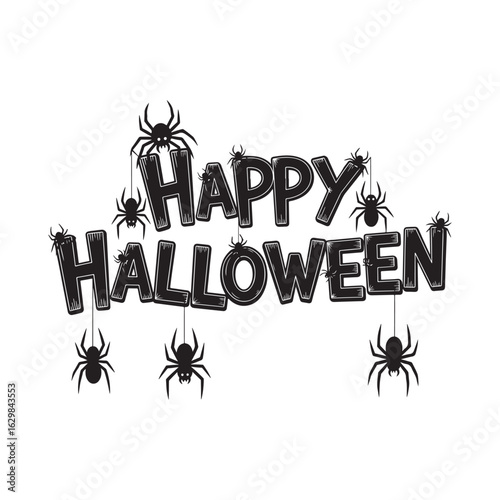 Spooky Happy Halloween Night With Creepy Hanging Spiders Illustration