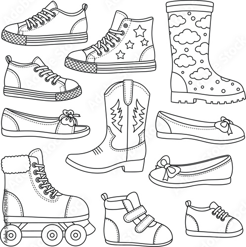 Black and White Line Illustration of Nine Distinct Shoe Styles Including Low-Top and High-Top Sneakers, Rain Boots with Cloud Patterns, Ballet Flats with Bows, Cowboy Boots with Lightning Bolts, 