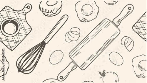 A seamless pattern featuring kitchen utensils, including a whisk, rolling pin, eggs, and cutting board silhouette