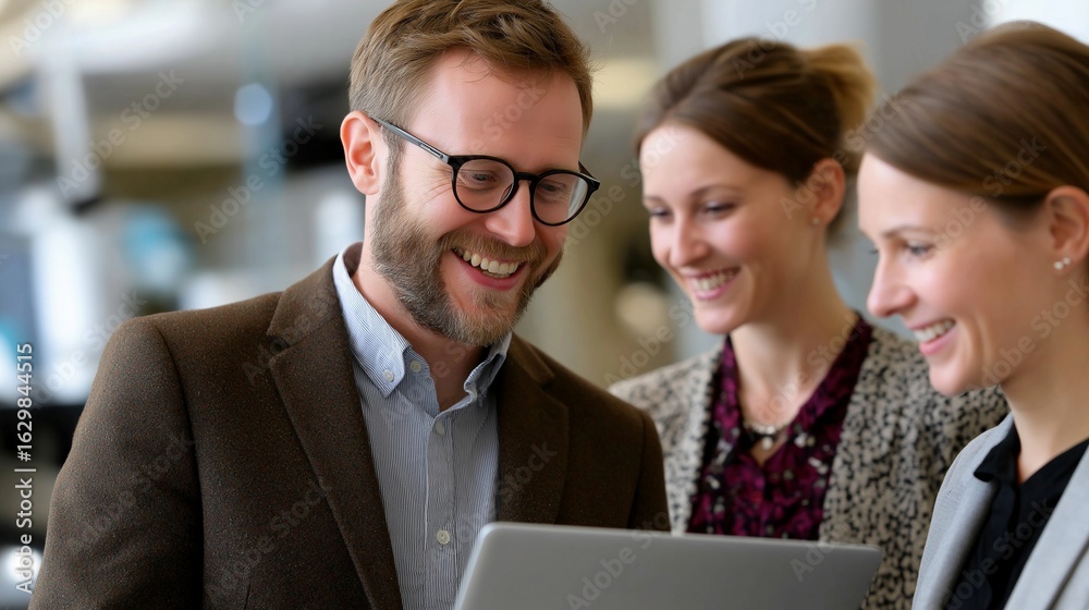 Fototapeta premium Happy business team looking at laptop together portrait image. Bearded man in glasses interacting with two smiling female colleagues photography. Project sharing concept photo-realistic