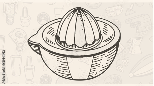 Illustration of a vintage citrus juicer with a ridged cone and a bowl on a patterned background design silhouette