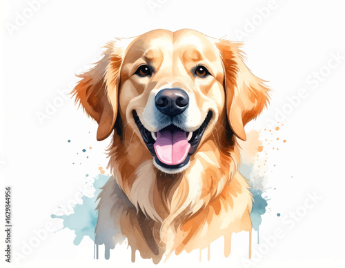A cheerful golden retriever portrait, digitally painted in a watercolor style, with splashes of color around its head.