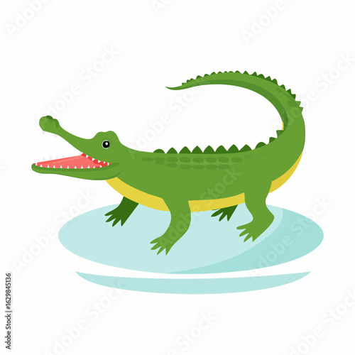 Cartoon illustration of a friendly green crocodile standing on a light blue surface.