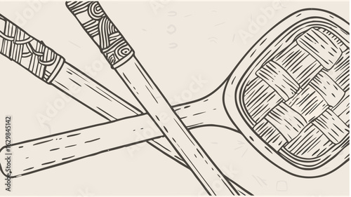 Illustration of crossed wooden cooking utensils with decorative handles and woven scoop design on a light background silhouette