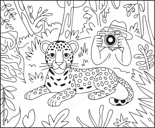 A photographer taking a photo of cute leopard in jungle natural background black line art vector illustration for children coloring page or book design