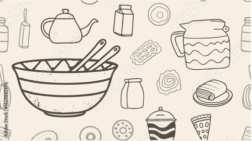 Seamless pattern with kitchenware and food including a bowl, teapot, and various desserts outlined silhouette