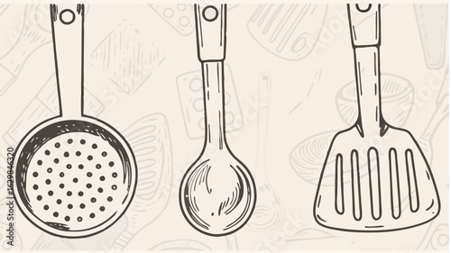 Illustration of kitchen utensils including a slotted spoon a spoon and a spatula on a light background silhouette