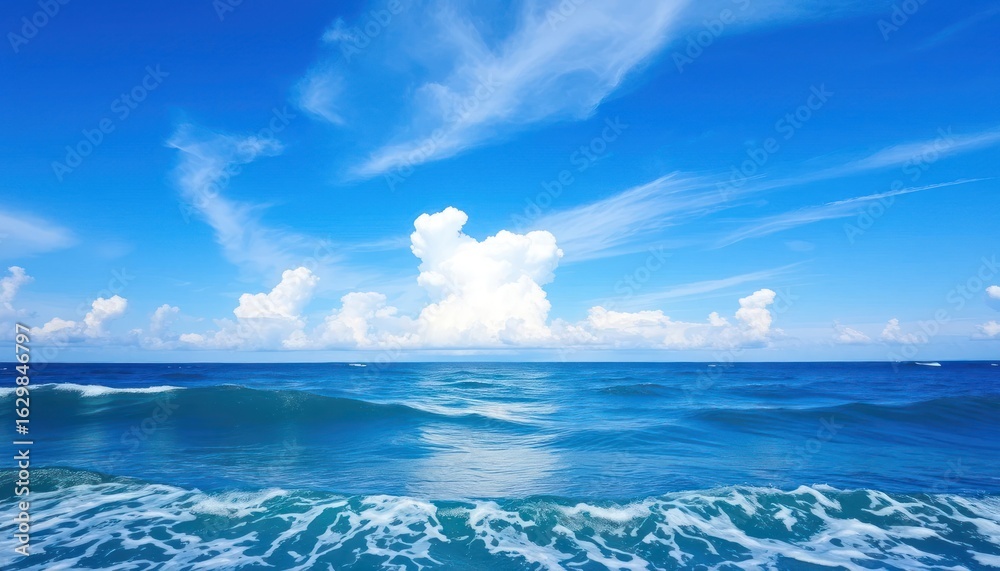 Fototapeta premium A scenic seascape with gentle waves under a vibrant blue sky, dotted with fluffy clouds