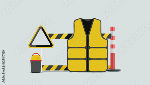 Safety vest and warning sign with barrier tape and bollard creating a construction scene look
