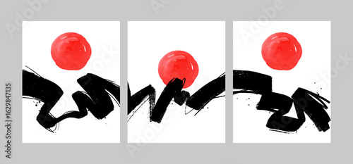 Japanese hand drawn poster set. Vintage sketch banners. Vector illustration. Abstract ink blob, grunge art. Black and red paint stroke texture