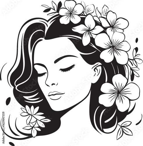 Woman’s Face Encircled by Flower Ornaments Vector Black Art Feminine Silhouette with Blooming Petals Black Vector Design