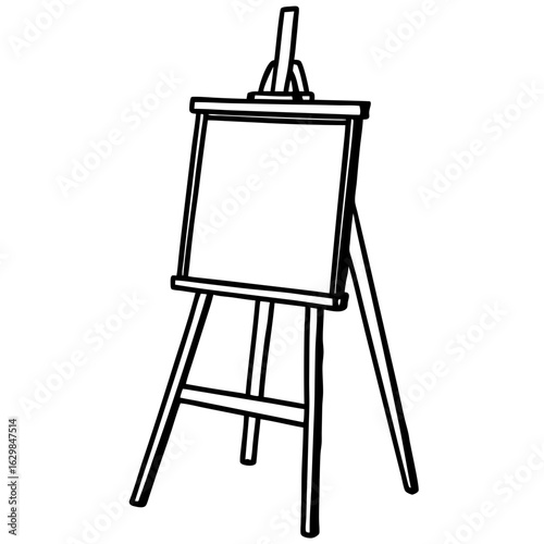 Black outline art easel with blank canvas on a white background drawing painting