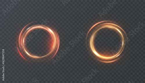 Bright light rings with fiery golden glow and transparent shimmers on a dark background. Abstract glossy effect for backgrounds, portals, sci-fi style interfaces and energy style designs.
