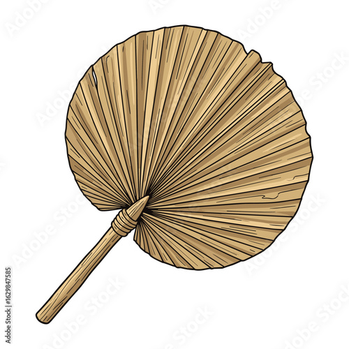 Handcrafted palm leaf fan illustration for tropical summer design projects and heat relief needs