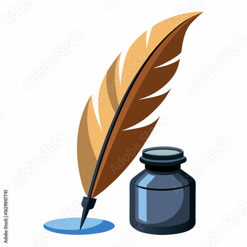 Brown quill pen with black tip dipped in blue ink puddle next to dark ink bottle writing vintage