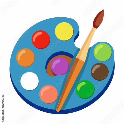 Blue paint palette with colorful paint blobs and brush on a white background painting artist