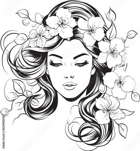 Woman Face with Flower Frame Vector Black Icon Vector Black Logo of Woman Face with Floral Trim