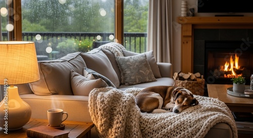 Cozy living room scene with dog sleeping by fireplace on rainy day